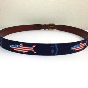 Smathers & Branson Belt Size 44 US Flag Shark Boca Raton Leather and Needlepoint